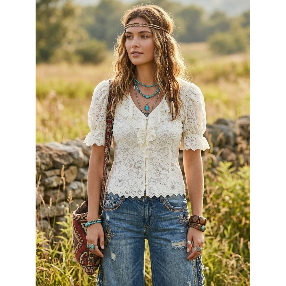 Ultra Pink Womens Small Ivory Ruffle Lace Blouse Top Cottagecore Boho Coastal